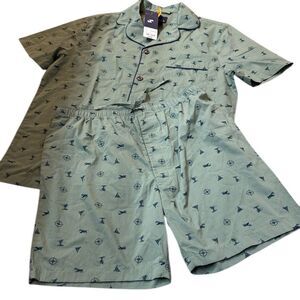 NWT Stanford Men's 2 piece Sleep wear set shorts medium green airplanes palmtree